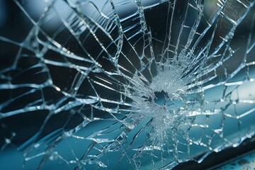 Cracked windshield car after accident. Damaged crushed split vehicle front glass. Generate ai