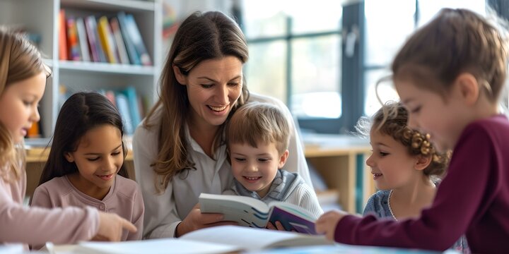 Smiling female teacher reading to attentive children. early education, joyful learning environment. lifestyle and education. AI