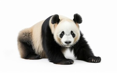 Obraz premium A close-up of a relaxed panda lying down, showcasing its iconic black and white fur isolated on white background.