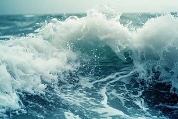 Rolgordijnen Stormy sea wave with foamy splash, ai technology © Rashid