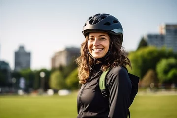 Foto op Plexiglas Portrait of a happy young woman wearing a bicycle helmet in a park © Nerea