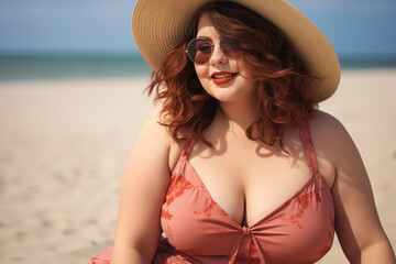 Young woman (plus size model) in swimwear smiling on a sunny beach, suggesting summer fashion and vacation themes.