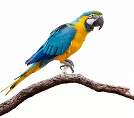 Fototapeta premium A vibrant macaw parrot perched on a branch, showcasing its colorful feathers isolated on white background.