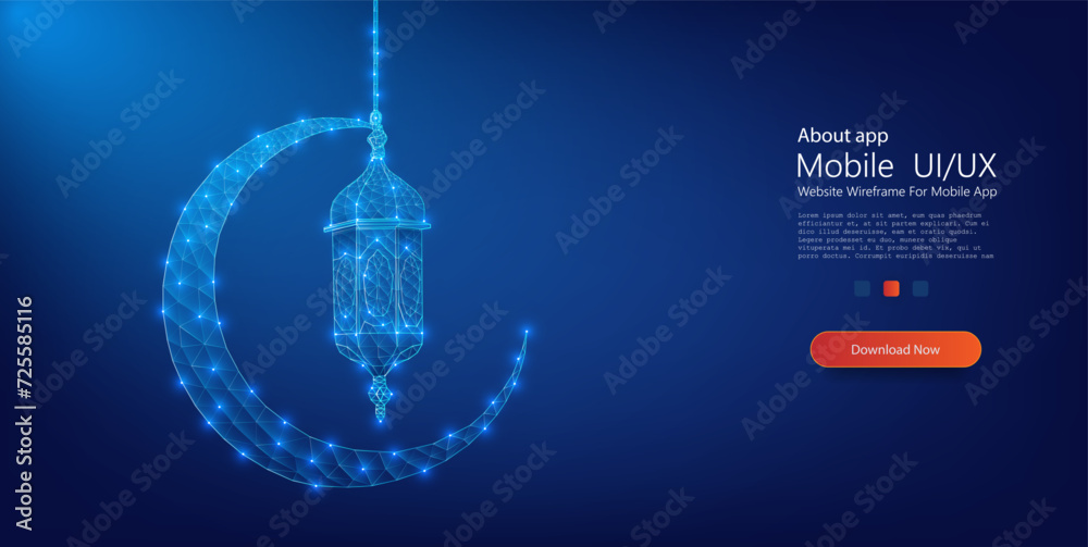 Poster digital wireframe design of a crescent moon and traditional lantern, symbolizing ramadan in a modern