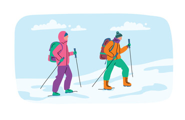 Cartoon Color Characters People and Winter Hiking Concept at Mountain Landscape Panorama Walking with Equipment Flat Design Style. Vector illustration