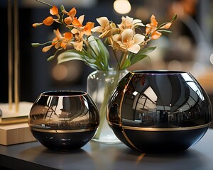 Modern black vases with orchids on the table in the room
