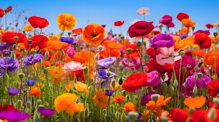 poppies on blue sky background - panoramic image.