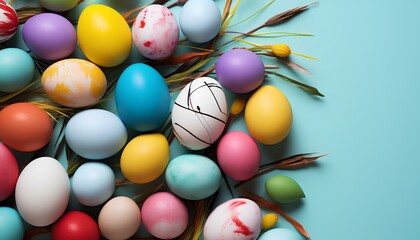 Easter eggs isolated on background top view. Colourful easter eggs scattered across light blue background in celebration of Easter