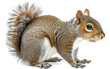 Obraz premium Close-up of a cute, alert squirrel with detailed fur and big eyes, isolated on a white background.