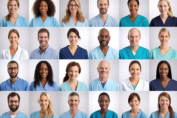 Collage of multiethnic doctors and medical workers wearing uniform on white background.