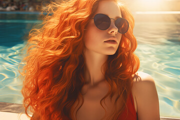 Red-haired young woman in sunglasses relaxing poolside.