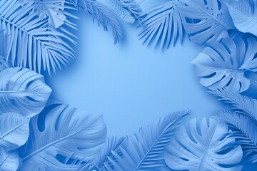 Palm tree leaves or tropical leaves isolated on blue background with copy-space for text