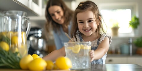 Joyful child making lemonade with mother in sunny kitchen. family bonding. lifestyle image. AI