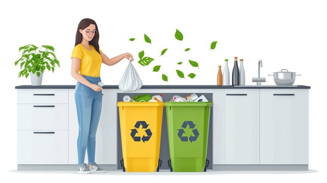 Young woman responsibly removing a garbage bag from the trash can in a tidy home environment