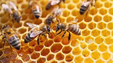 Bees actively working on golden honeycomb in the hive