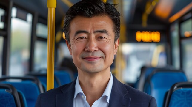 Eco Friendly Asian Businessman Smiling While Commuting By Bus To Reduce Air Pollution