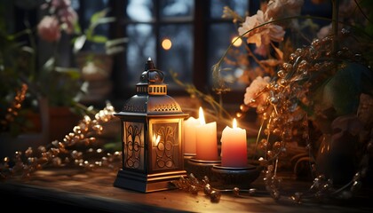 lantern with burning candles on the background of a bouquet of flowers
