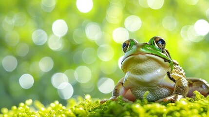 Leap day, one extra day, Leap year 29 February background with Green Frog and green nature bokeh background.