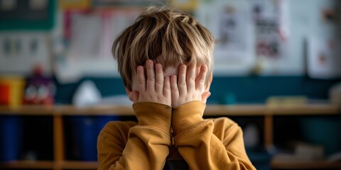 Young child covering face with hands in a classroom setting, captured emotion of shyness or stress, indoors. AI