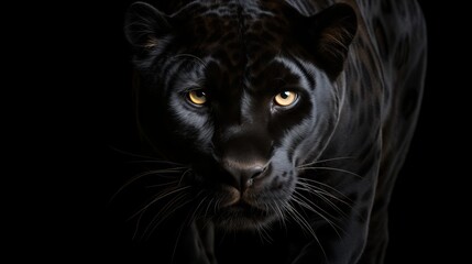 Front view of majestic panther on black background with copy space for wild animals banner.