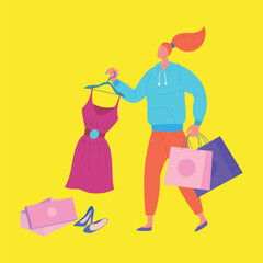 Cartoon Color Character Girl and Dress, Paper Bag Shopping Concept Flat Design Style. Vector illustration of Young Woman Buy