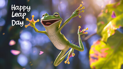 Leap day, 29 February 2024 greeting card with cute jumping Green Frog and Happy Leap Day text. Leap year, one extra day. - obrazy, fototapety, plakaty