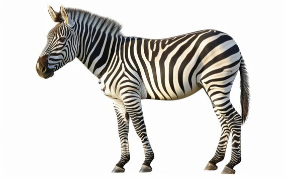 A zebra with striking black and white stripes stands gracefully, isolated on a white background.