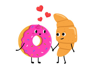 Сute donut and croissant falling in love. Love and Valentine's Day concept. Be my Valentine. Illustration isolated on white background.