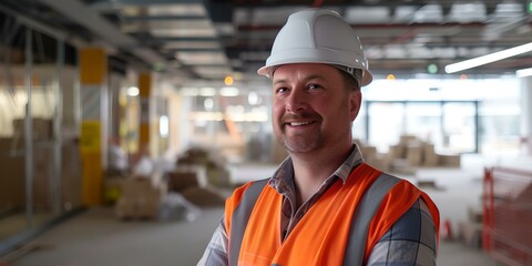Smiling construction worker in safety gear on site. professional attire in industrial setting. candid portrait, focus on job safety. AI