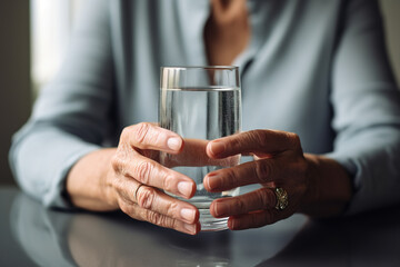 Closeup of senior woman's hands holding glass of water.