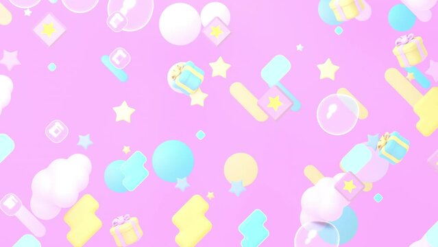 Looped cartoon pink sky with clouds, bubbles, stars, diagonal lines, and gift boxes animation.