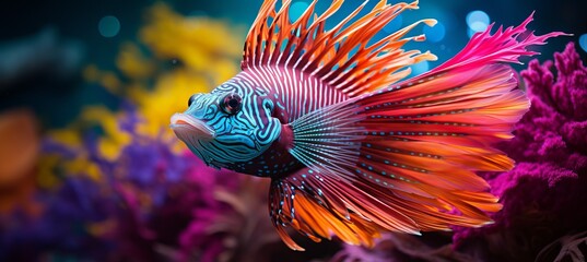Vibrant tropical fish in well lit aquarium   close up showcasing vivid colors and intricate scales.