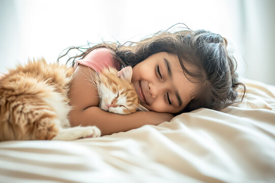 little european girl with bright smile cuddling her beloved orange tabby cat on soft, comfy white bed, pure joy in cozy morning, lovely owner.