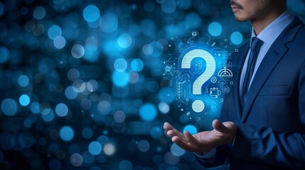 Businessman holding digital hologram of white question tick symbol   certification and audit concept