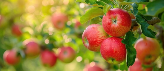 Abundant ripe fruits found in apple orchard branches.