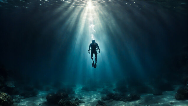 a scuba diver emerges from the depths of the bottom into the rays of light