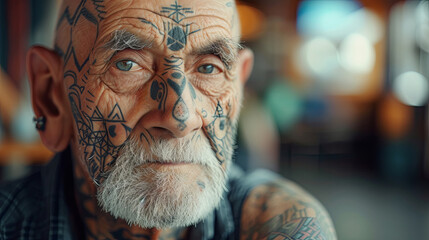 A senior man with a unique facial tattoo