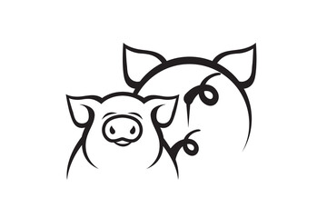 monochrome illustration of pig and piggy isolated on white background