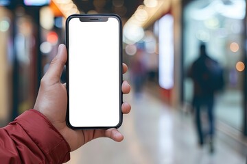 person using smartphone with white blank screen display mockup