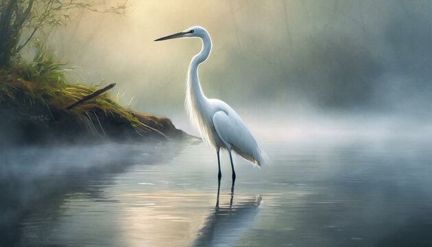 Ethereal Elegance: White Heron Silhouette in the Misty Morning Waters"
