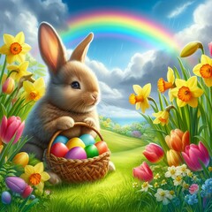 Fototapeta premium A cute bunny with a basket of colorful Easter eggs among vibrant flowers, under a bright rainbow.