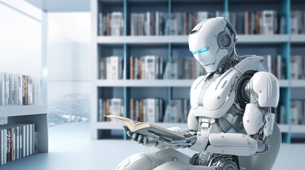 Fototapeta premium Ai robot engrossed in learning: concept of artificial intelligence, machine learning, and disruptive innovation illustrated in library scene