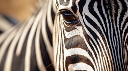 Close-up of a cropped photo of a beautiful zebra looking with dark eyes at the camera. Wildlife, Safari.