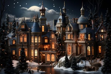Winter night in the city. Christmas landscape with trees and houses.