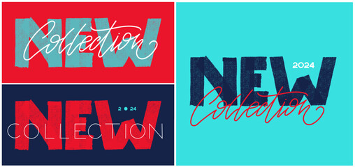 New collection handwritten Grunge lettering with bold text on red, light blue, Navy blue background. Hand drawn brush strokes vector. Design for shop window, poster, banner, social media, print labels