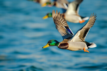 Obraz premium AI Generated Image. Wild ducks flying over the pond