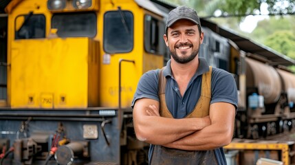 Cheerful bearded train engineer standing with arms crossed in front of locomotive - obrazy, fototapety, plakaty
