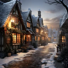 Fototapete Rund Winter in a small village. Night view of a winter village. © Michelle