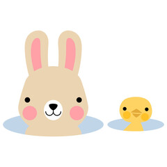 Easter bunny rabbits with baby chicks and Easter eggs