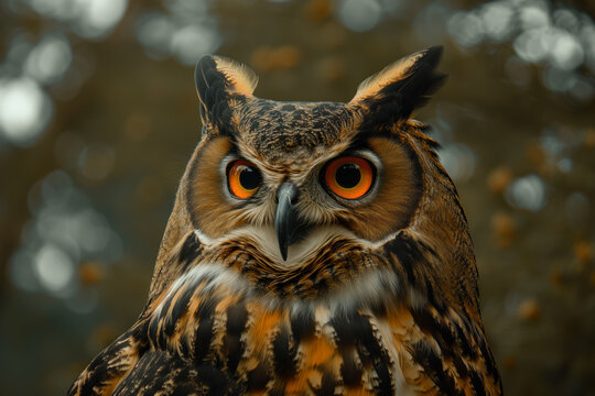 AI Generated Image. Close up view portrait of the eagle owl in the forest